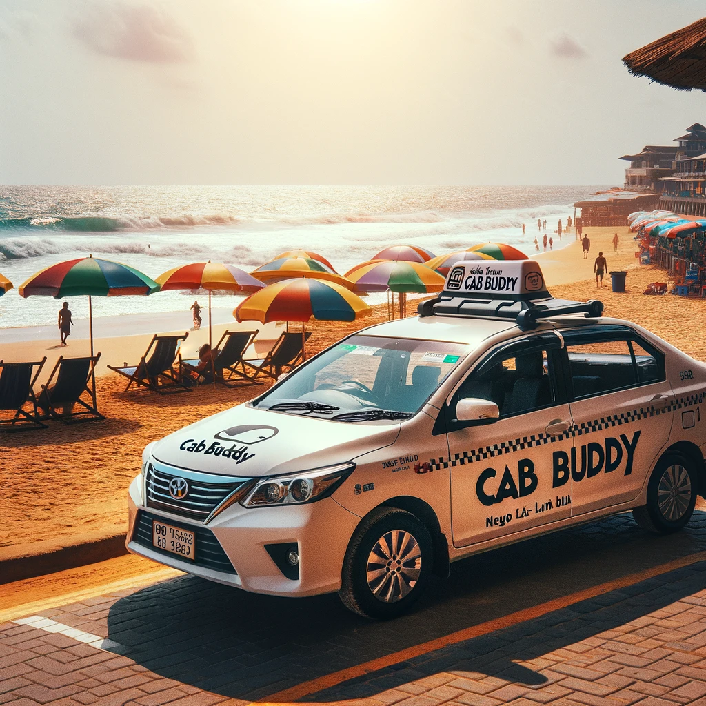 "Cab from Cab Buddy waiting at Negombo Beach, providing convenient transportation for tourists."