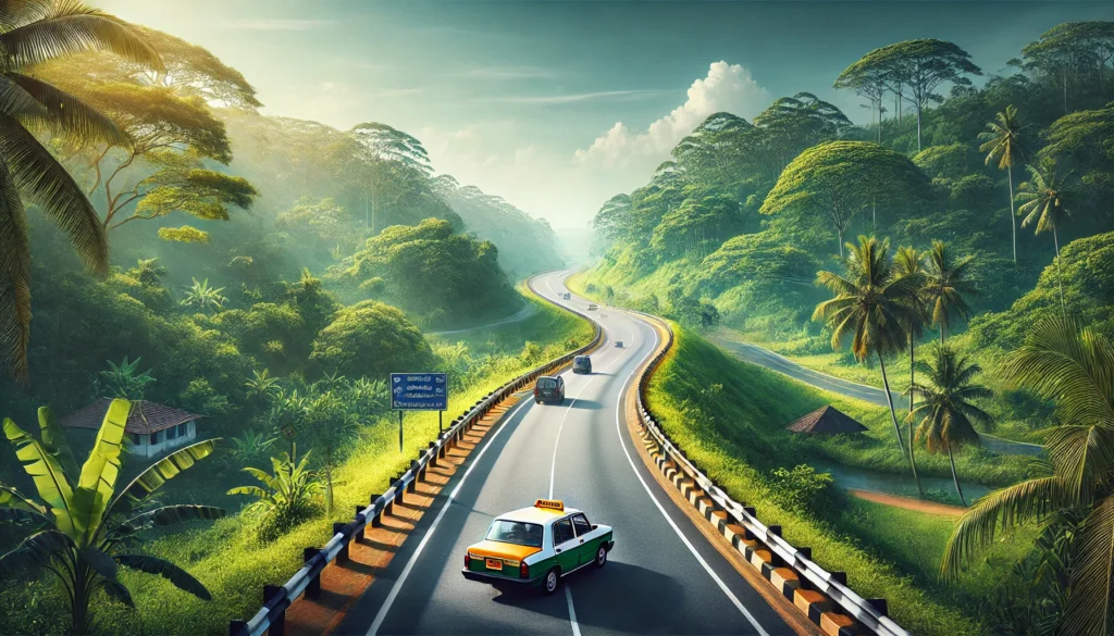 "Scenic view of the Kurunegala to Negombo route with a taxi on the road, surrounded by lush greenery and a clear blue sky."