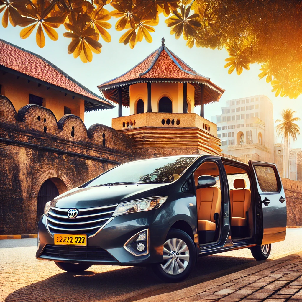 "Comfortable cab parked near the Dutch Fort in Negombo, showcasing its clean interior and historic backdrop."