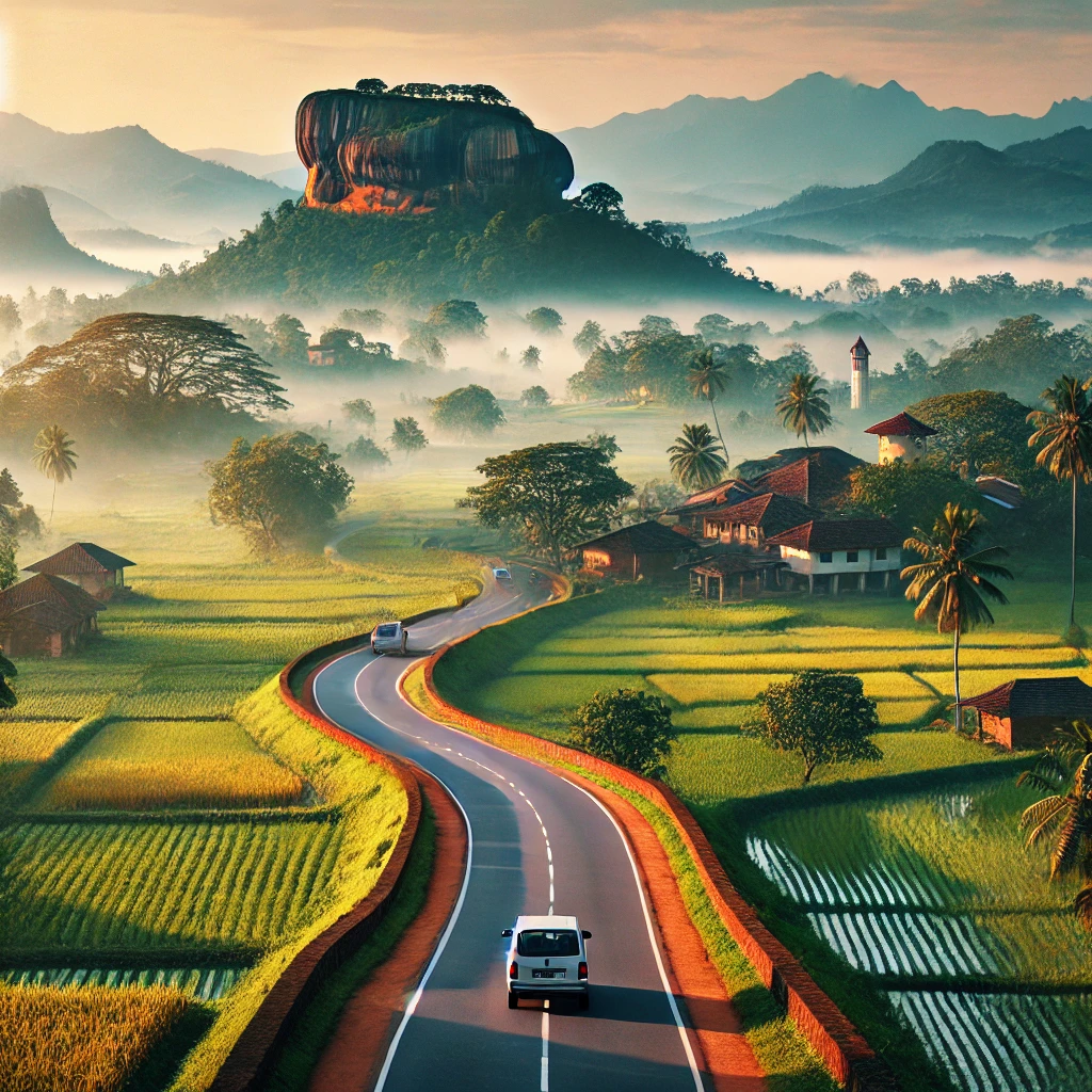 "Car traveling from Sigiriya to Kandy through scenic landscapes, with Sigiriya Rock Fortress and distant mountains in view."
