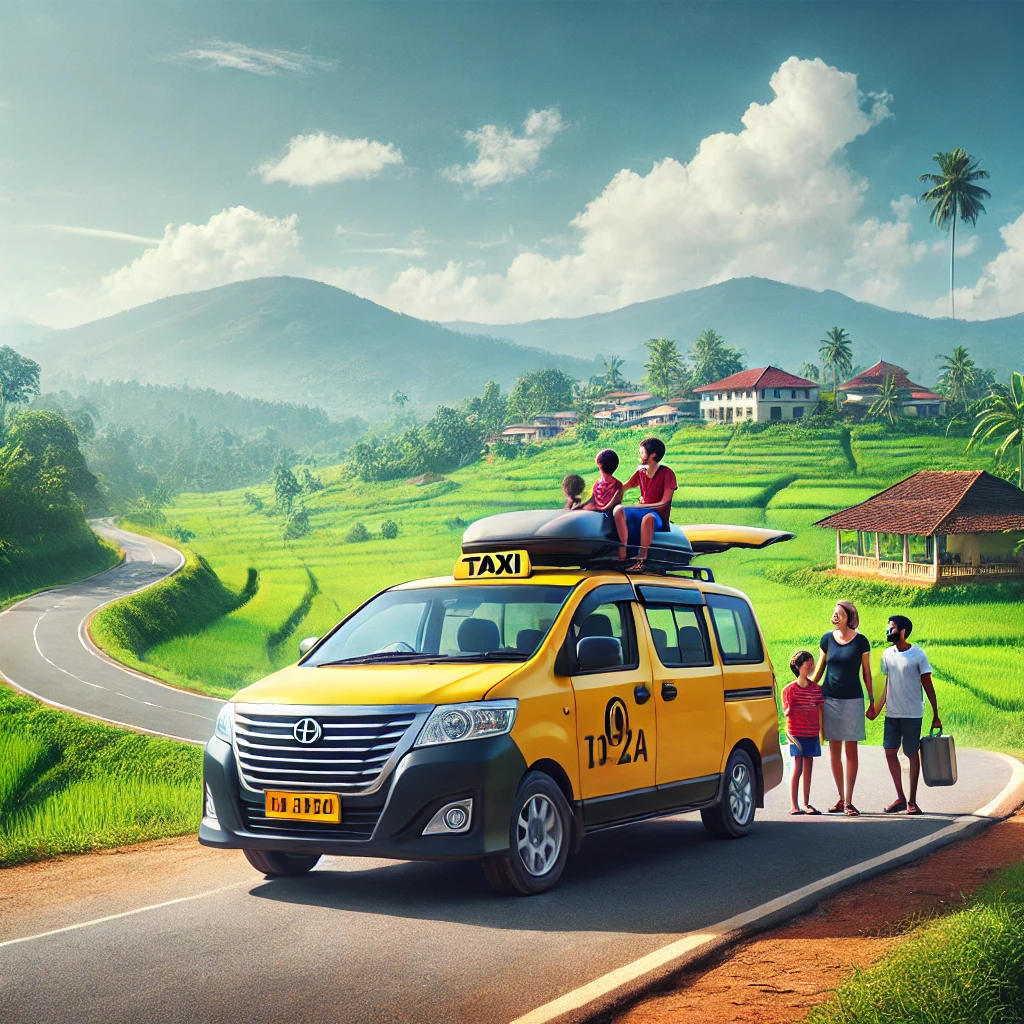 Family preparing for a taxi journey from Negombo to Kandy with a big car, surrounded by scenic green fields and mountains.