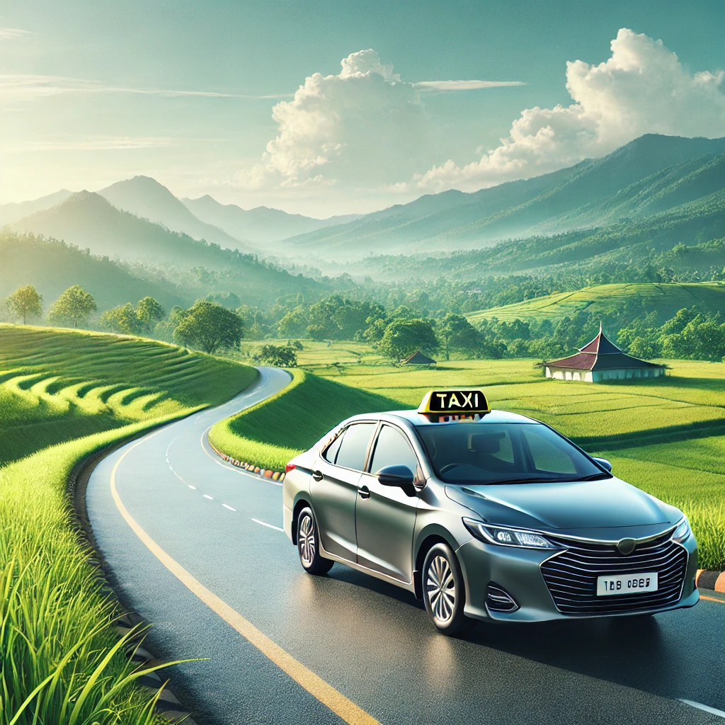 "CabBuddy taxi driving on a scenic road from Negombo to Anuradhapura, surrounded by lush green landscapes and blue skies."