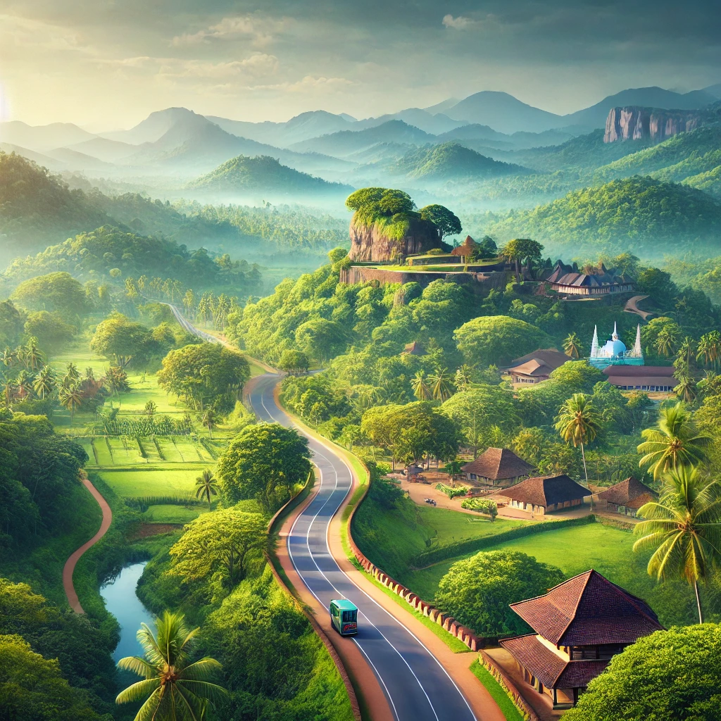 "Scenic road from Sigiriya to Kandy passing through lush landscapes, with views of Sigiriya Rock Fortress and surrounding greenery."