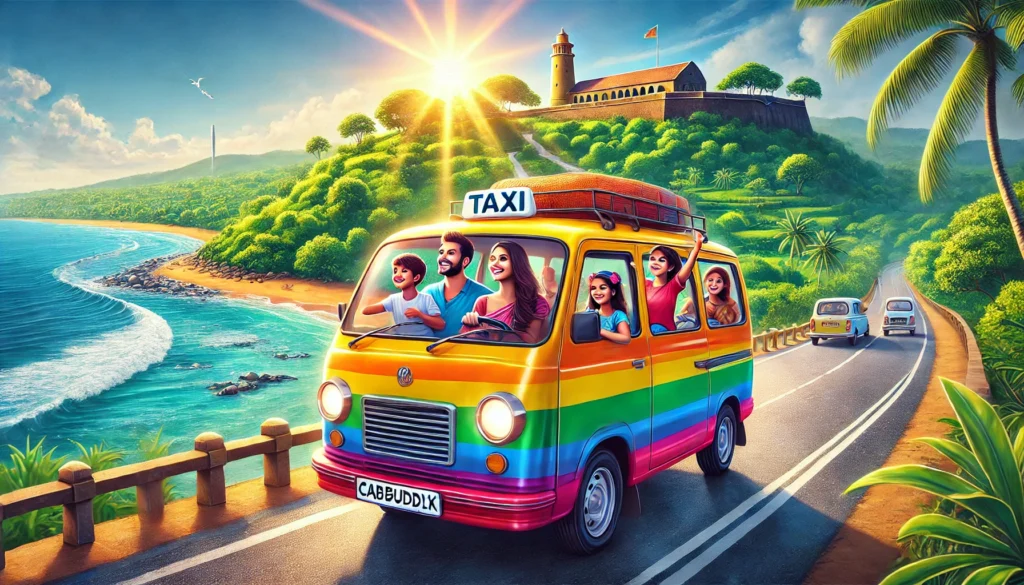 Family enjoying a ride in a CabBuddy.lk taxi along the scenic coastal road from Galle to Negombo, with lush greenery and the ocean in the background, showcasing the joy of traveling in Sri Lanka.