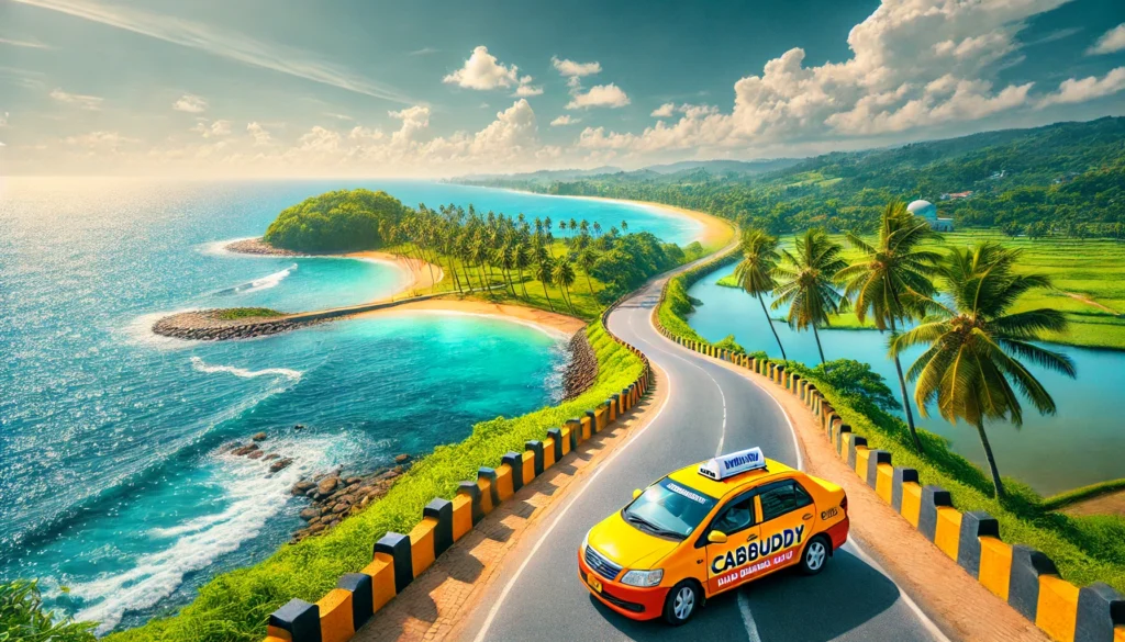 Coastal route from Galle to Negombo with a CabBuddy.lk taxi parked beside the scenic shoreline, surrounded by palm trees and clear blue waters.