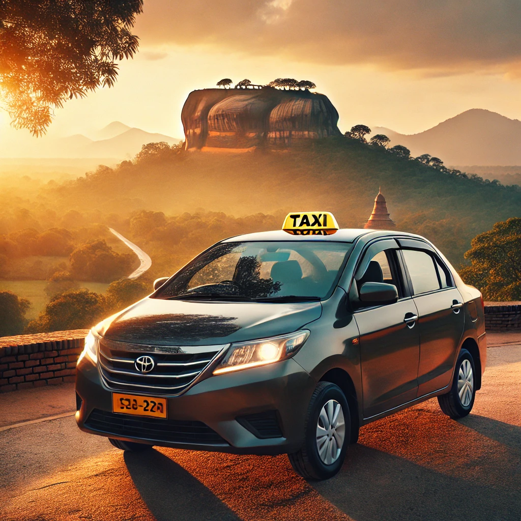 "Modern taxi cab at sunset with a view of Sigiriya Rock Fortress, symbolizing a peaceful Colombo to Sigiriya ride."