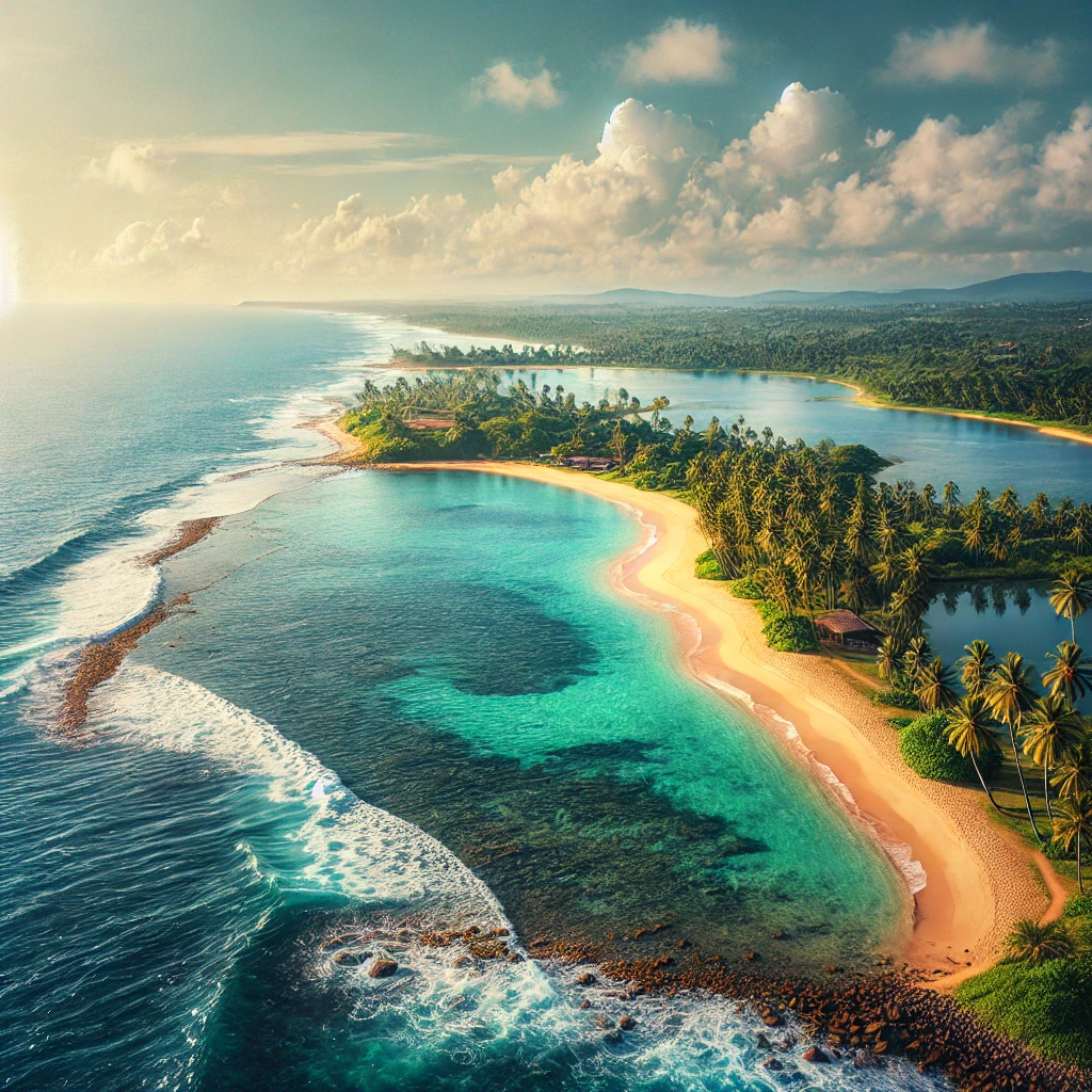 A scenic view of the coastline in Kalpitiya, perfect for dolphin watching tours.