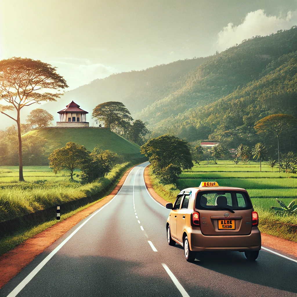"Taxi cab traveling from Kandy to Negombo on a scenic route surrounded by lush greenery and historic landmarks."