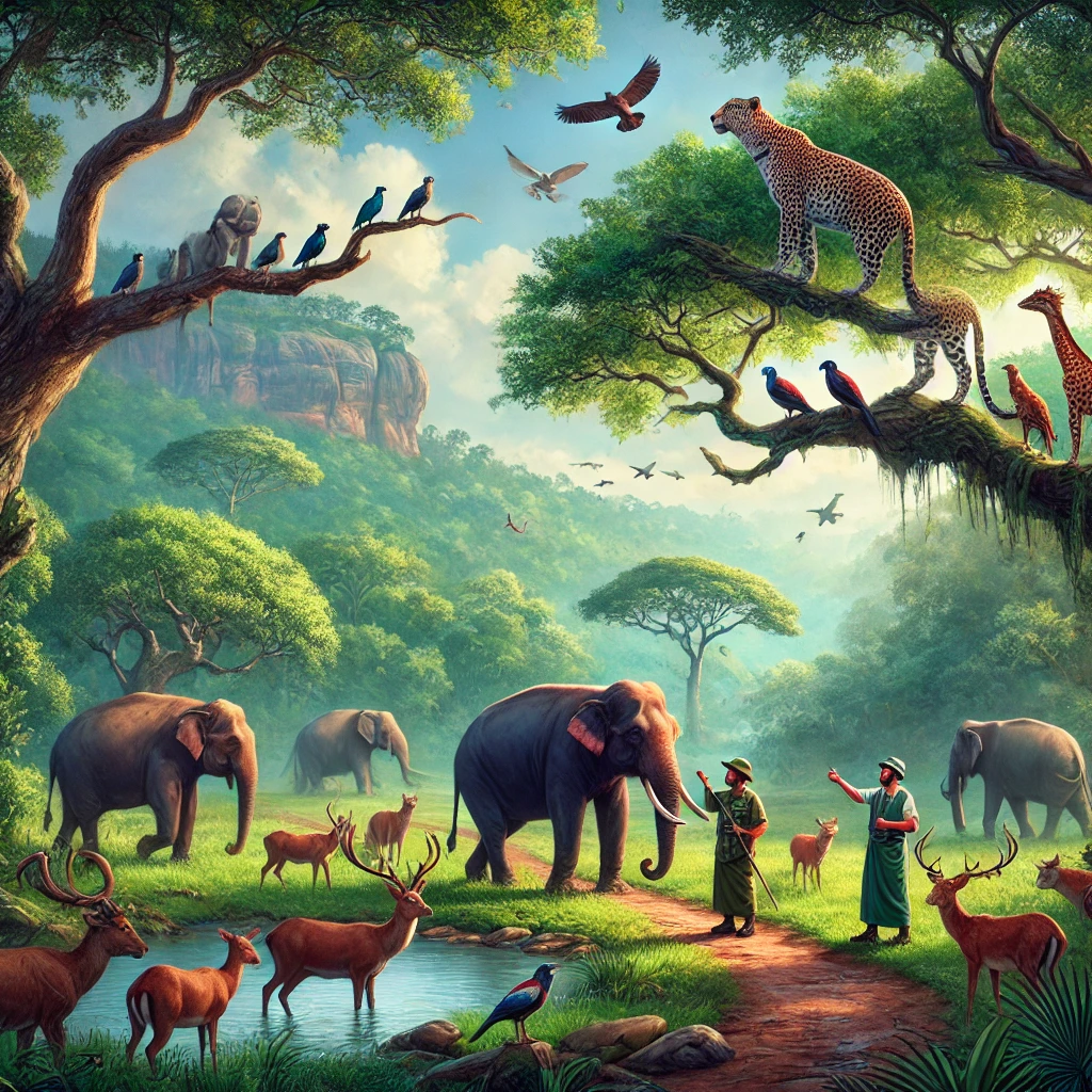 "Group of elephants during a guided elephant safari in Sigiriya, Sri Lanka, surrounded by vibrant nature."