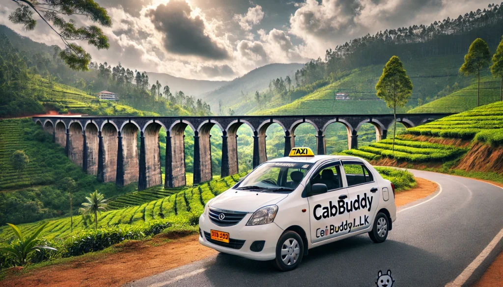 CabBuddy.lk taxi near the Nine Arch Bridge in Ella, Sri Lanka, surrounded by lush greenery and tea plantations.