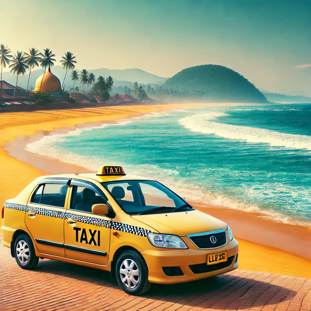 "Taxi parked at a beach in Negombo with golden sands and turquoise waters, highlighting the perfect end to a journey from Kurunegala."