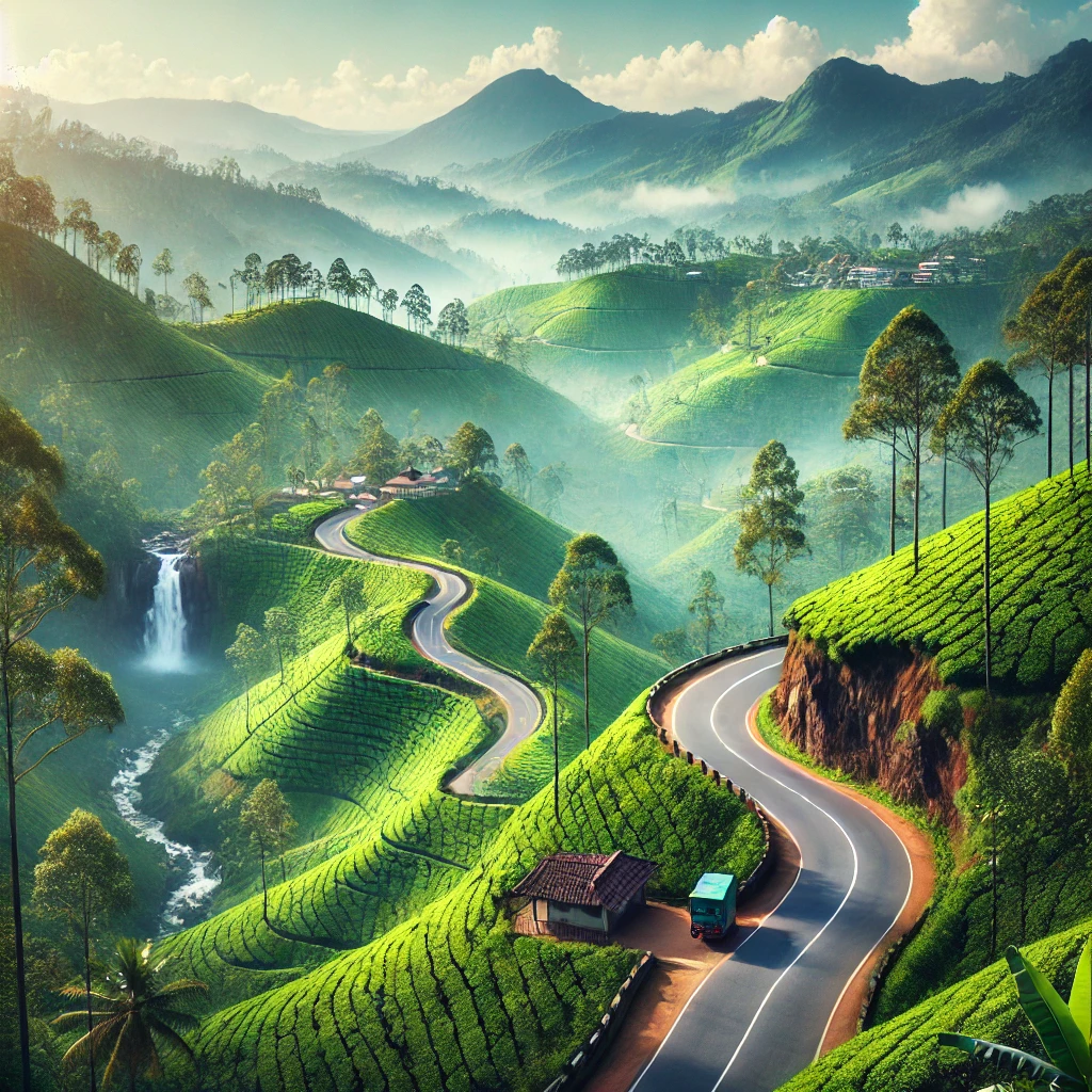 "Scenic route from Kandy to Nuwara Eliya featuring lush tea plantations, misty hills, and a winding road through Sri Lanka's picturesque landscape."