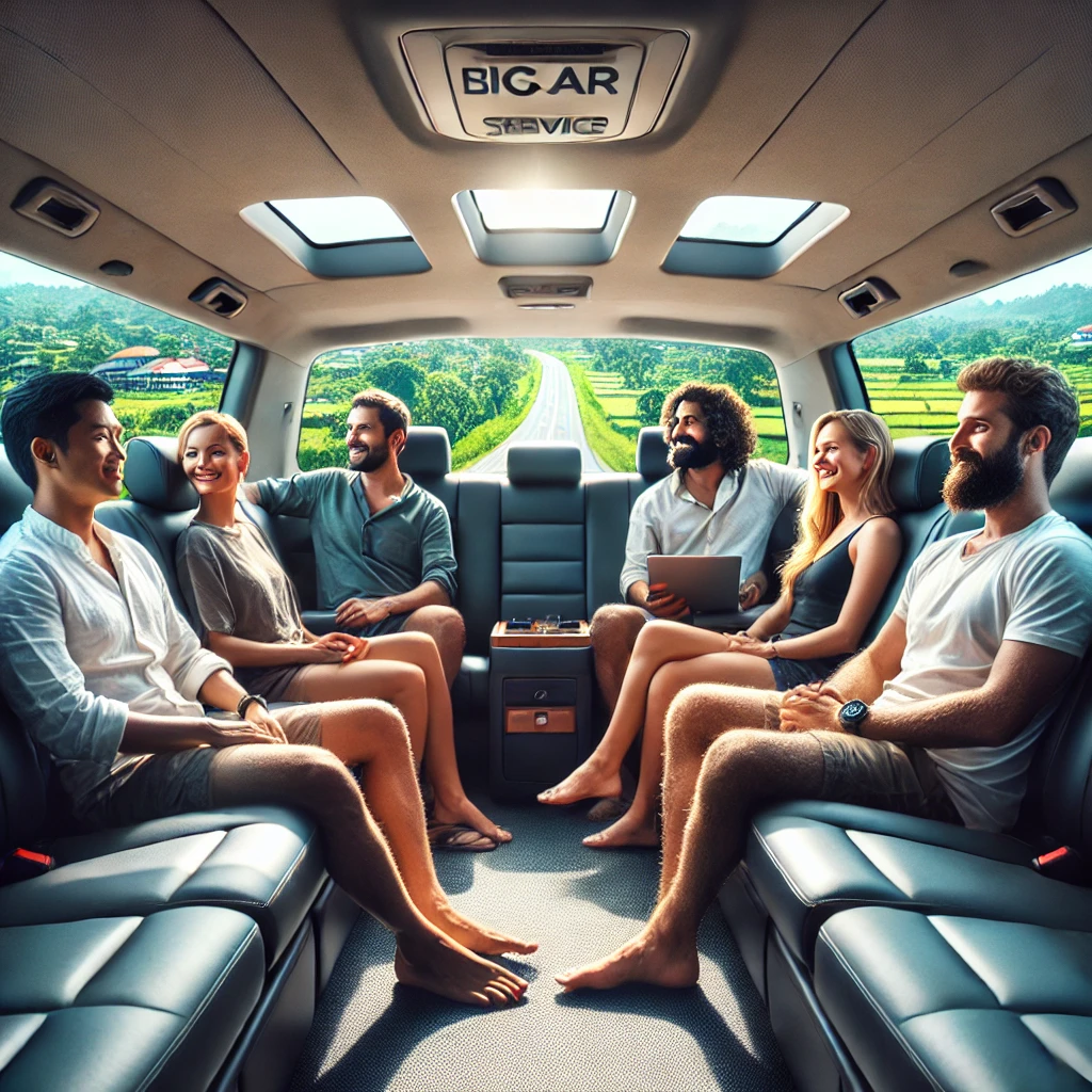 "Passengers enjoying a comfortable ride in a spacious CabBuddy taxi, traveling from Negombo to Anuradhapura with scenic views outside."
