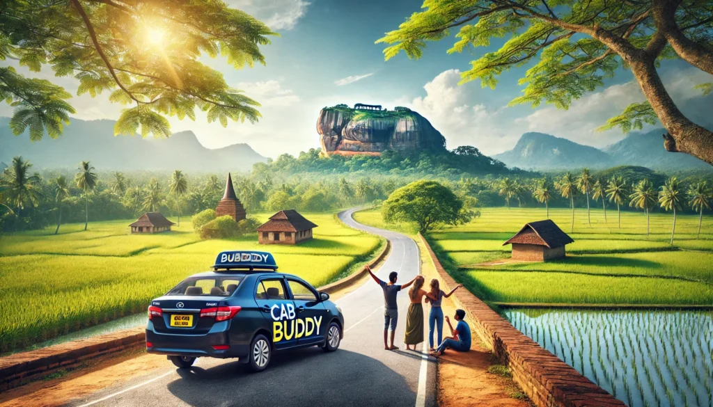 "Family enjoying a journey in a CabBuddy taxi towards Sigiriya Rock Fortress, showcasing the beautiful landscape from Anuradhapura."