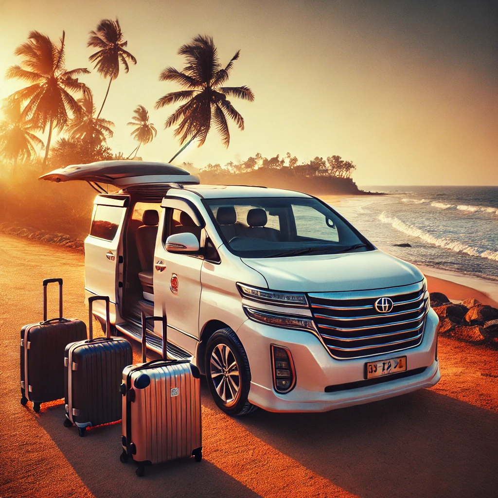 "Spacious taxi cab near Negombo beach, offering a comfortable ride for families or groups after a scenic journey from Kandy."