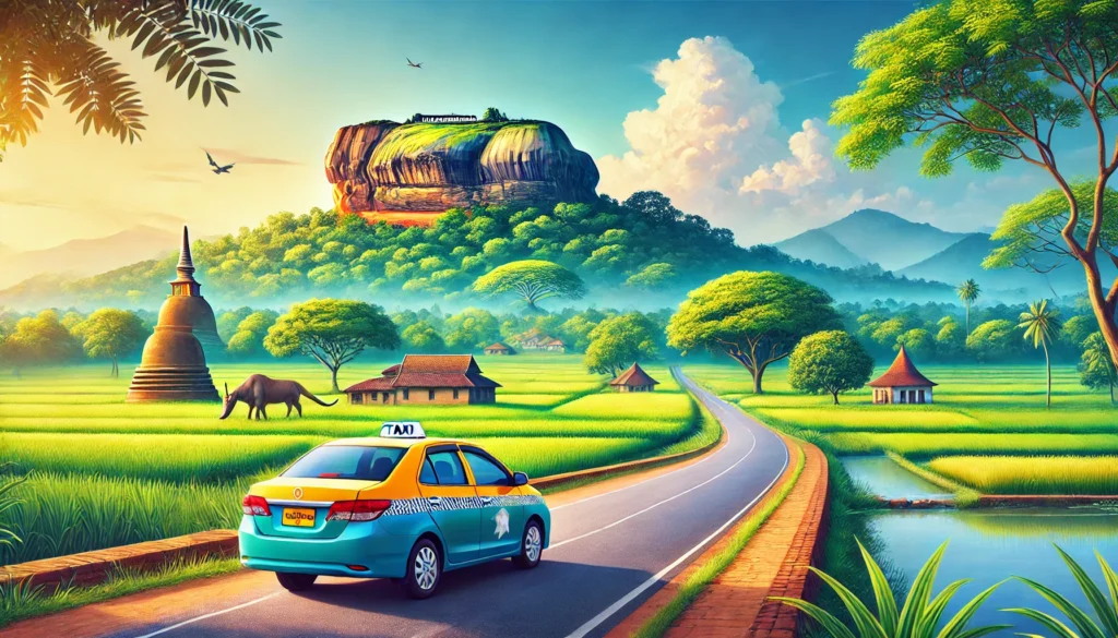 "Scenic journey from Anuradhapura to Sigiriya with CabBuddy taxi service, featuring lush landscapes and Sigiriya Rock Fortress."