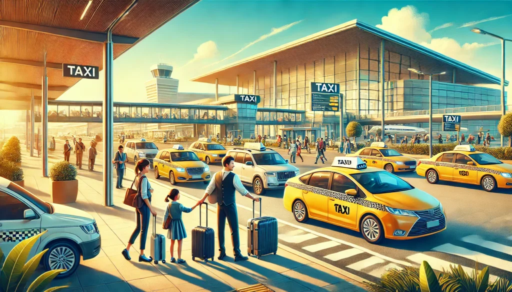 "Taxi stand at a busy airport with a taxi driver helping a family with luggage, surrounded by various cabs and travelers in the background."