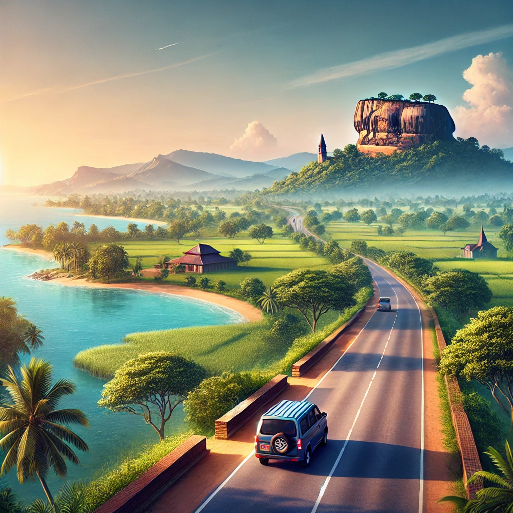 "Sigiriya Rock Fortress at sunset, surrounded by lush greenery and a winding pathway."