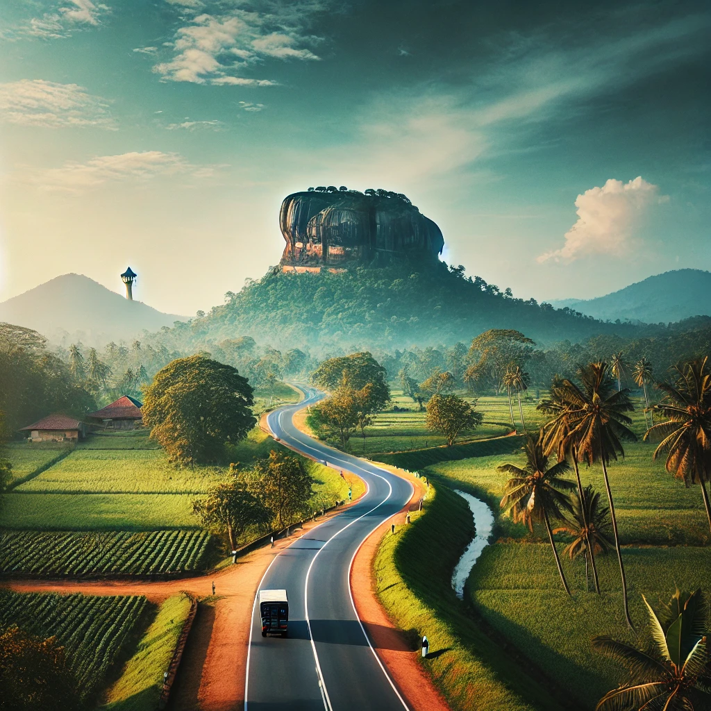 "Road from Sigiriya to Kandy passing by Sigiriya Rock, coconut trees, and tea plantations, with hills and forests leading to Kandy."