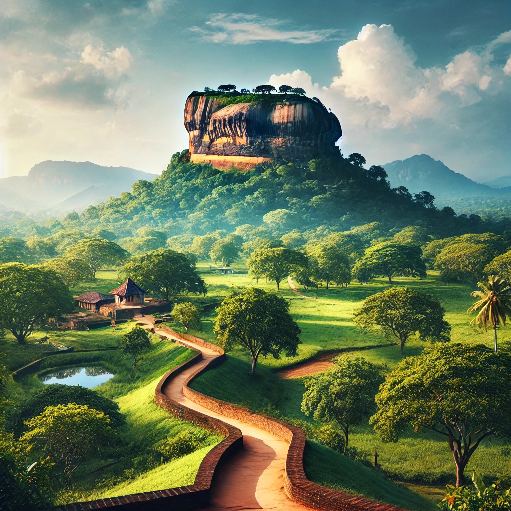 "Scenic view of Sigiriya Rock Fortress with lush greenery and a winding path, illustrating the journey from Negombo to Sigiriya."