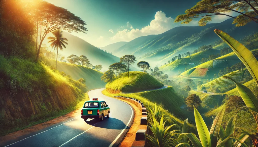 "Scenic route from Colombo to Kandy with a taxi driving through lush greenery and rolling hills."