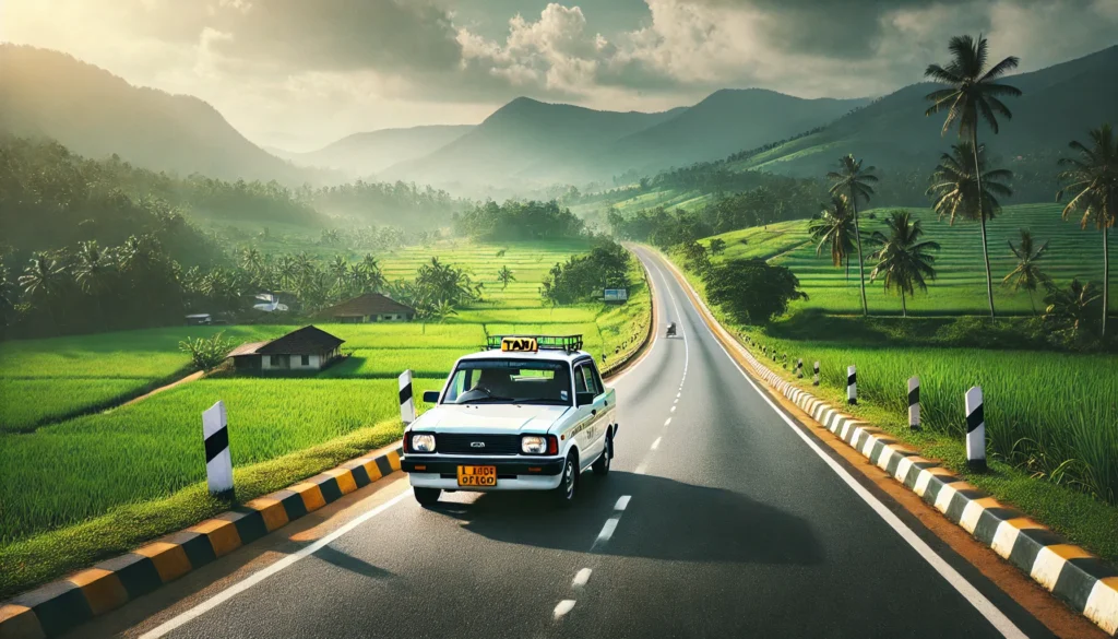 "Taxi cab driving along a scenic highway from Kandy to Negombo, surrounded by green fields and distant mountains."