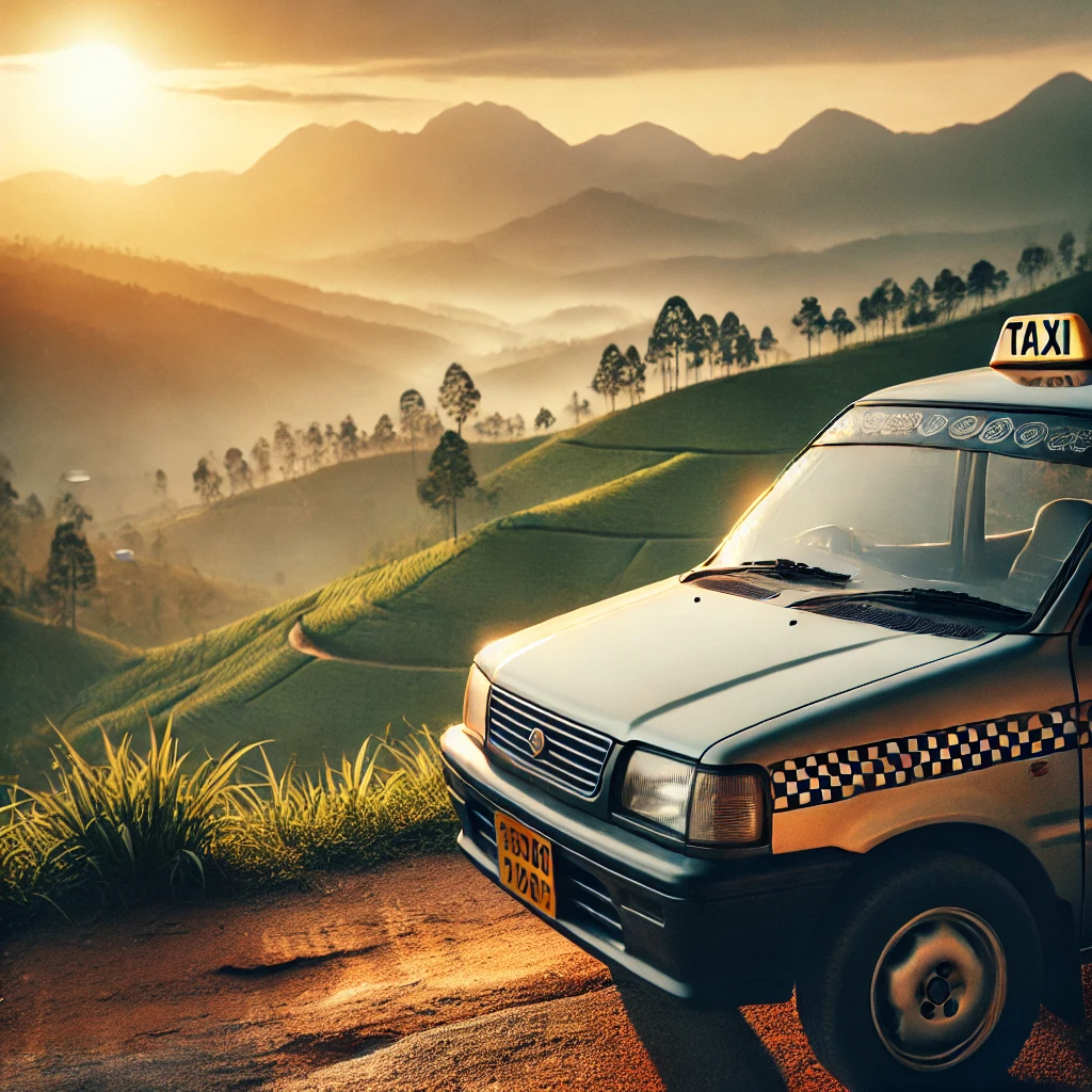 "Taxi parked at a scenic overlook with panoramic views of misty mountains, tea plantations, and a golden sunset in Nuwara Eliya."