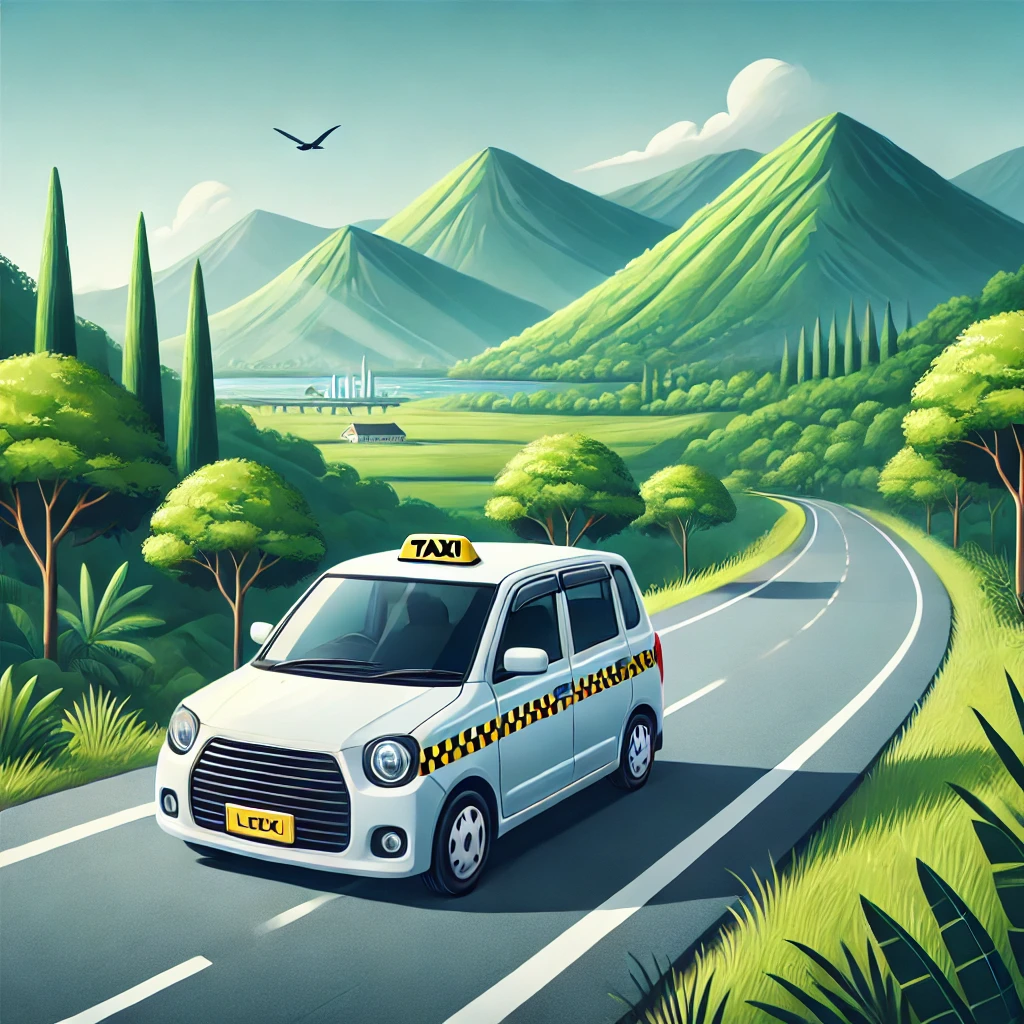 Taxi driving on a scenic route from Negombo to Kandy surrounded by lush greenery and hills.