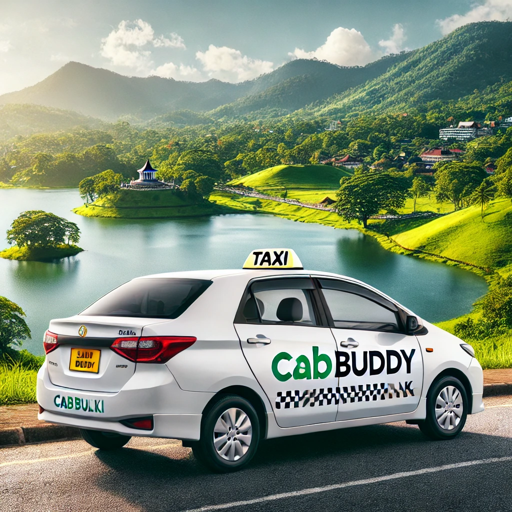 "Reliable Kandy taxi service by CabBuddy.lk with a modern taxi in front of Kandy's scenic landscape and Kandy Lake."