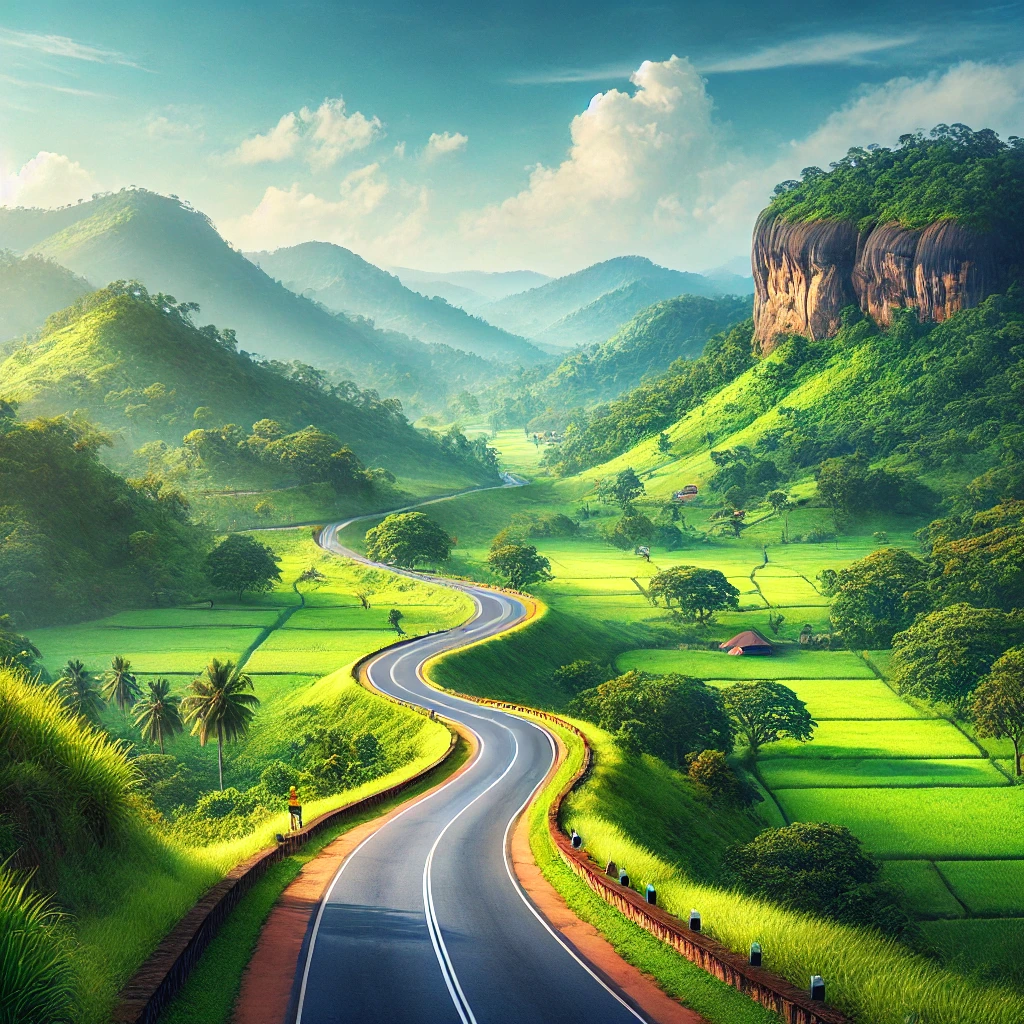 Scenic landscape along the route from Sigiriya to Colombo, highlighting natural beauty.