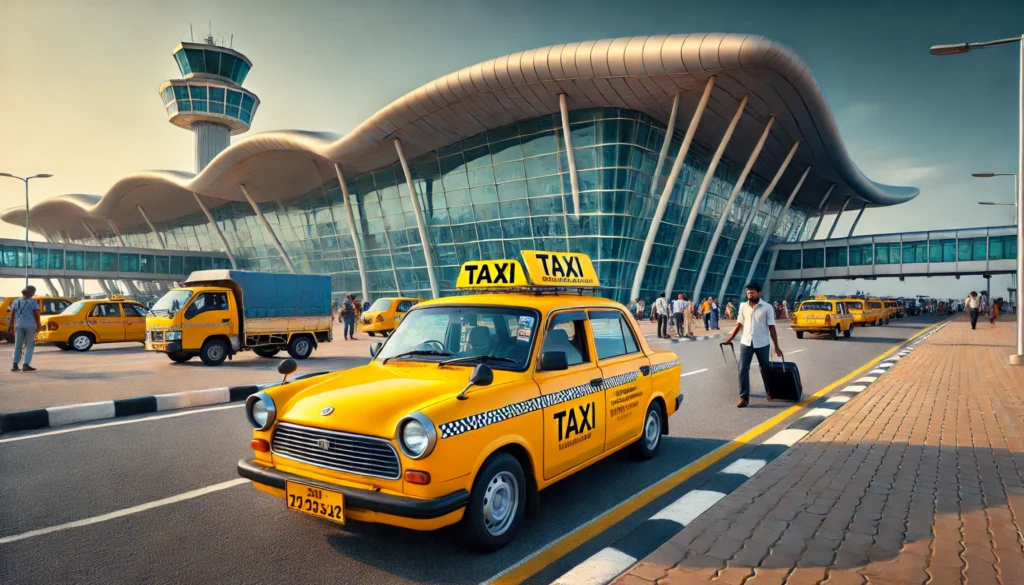 "Modern yellow taxi parked at an airport taxi stand in Sri Lanka, with travelers and the airport terminal in the background."