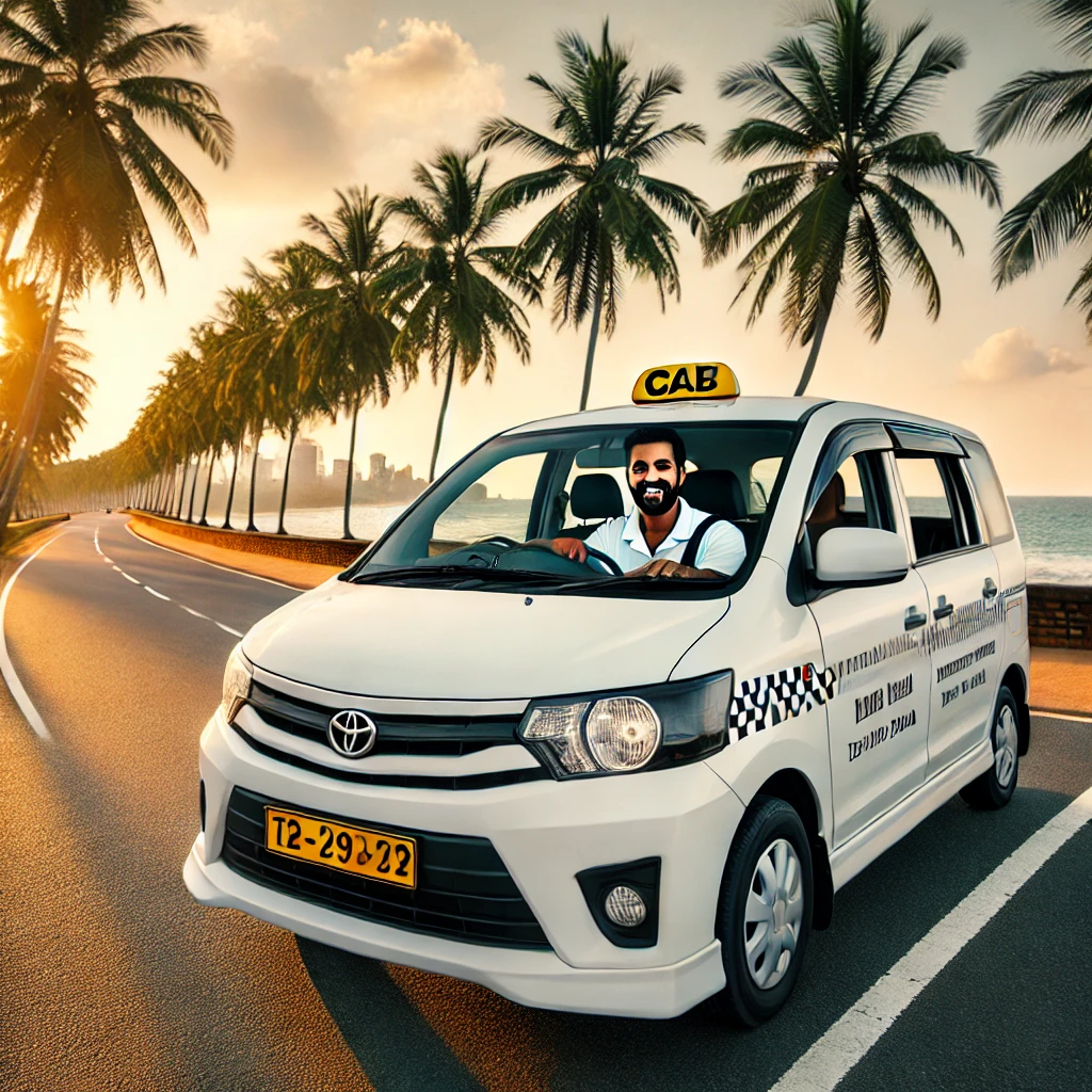 "Cab service in Negombo driving along the coastal road with palm trees and ocean view."