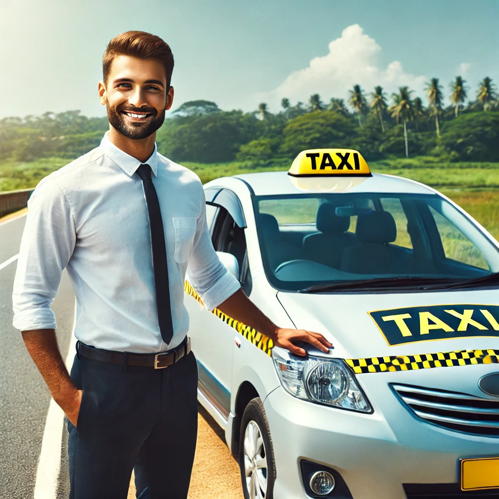 "Friendly CabBuddy driver standing beside a taxi, ready for a journey from Negombo to Anuradhapura, with scenic countryside in the background."