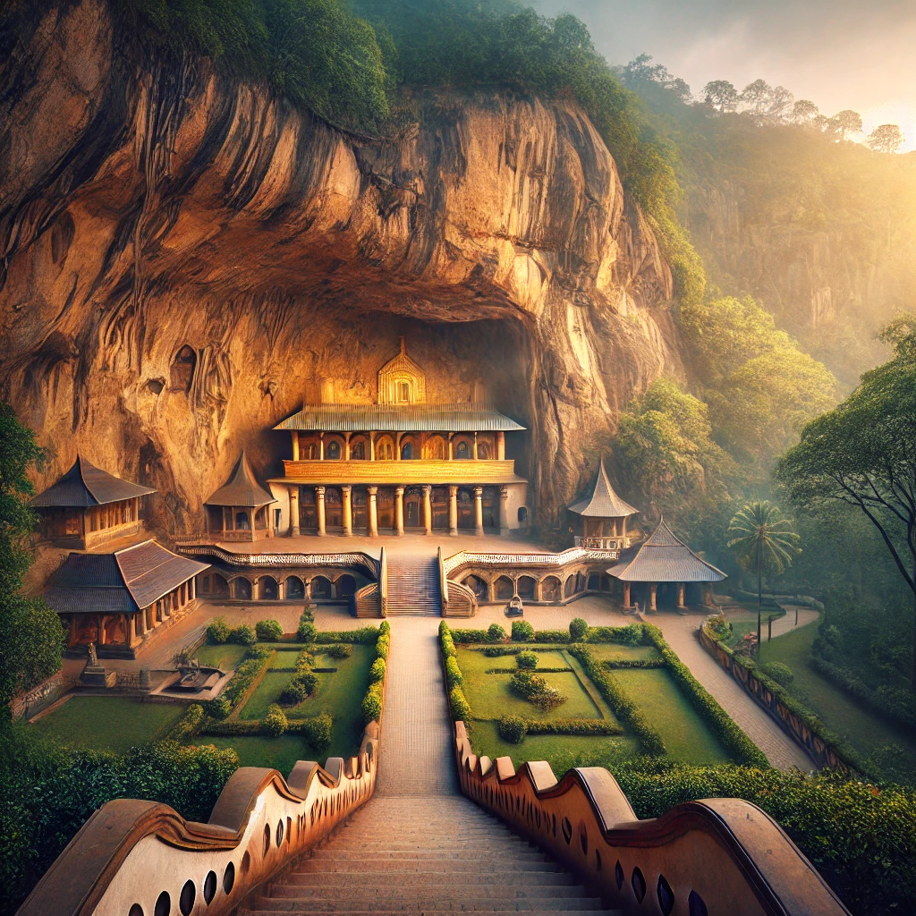 "Panoramic view of the Dambulla Cave Temple surrounded by lush greenery, showcasing its golden facade and historic architecture."