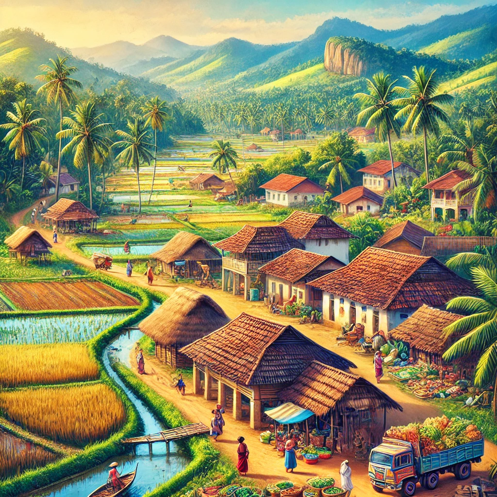 "Traditional Sri Lankan village along the route from Negombo to Sigiriya, featuring rustic houses, rice fields, and palm trees."
