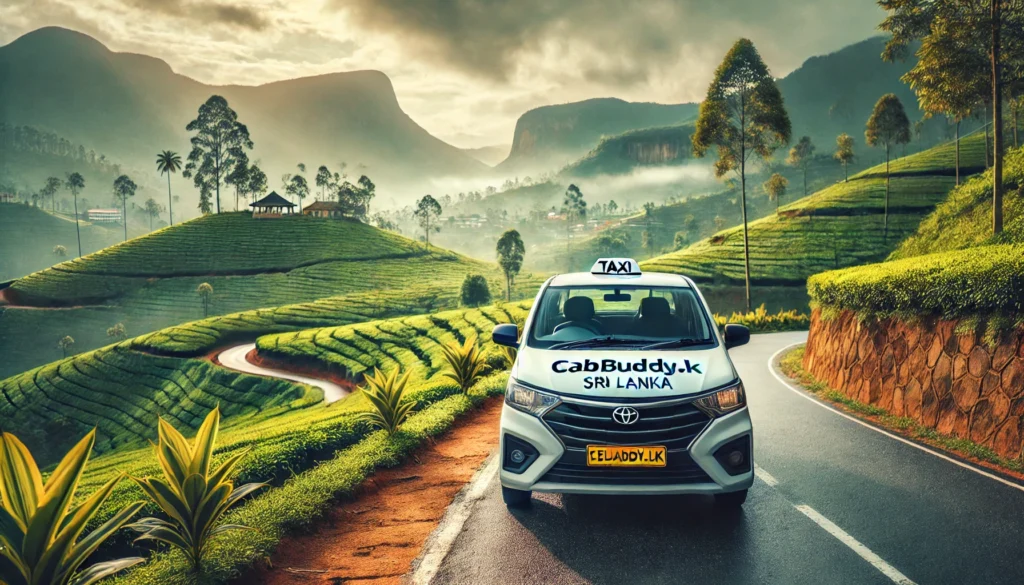 CabBuddy.lk taxi driving through scenic landscapes in Ella, Sri Lanka.