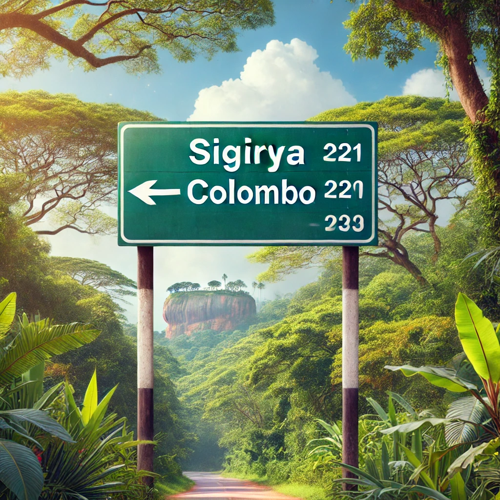 A road sign indicating the direction and distance from Sigiriya to Colombo, set against a backdrop of lush greenery.