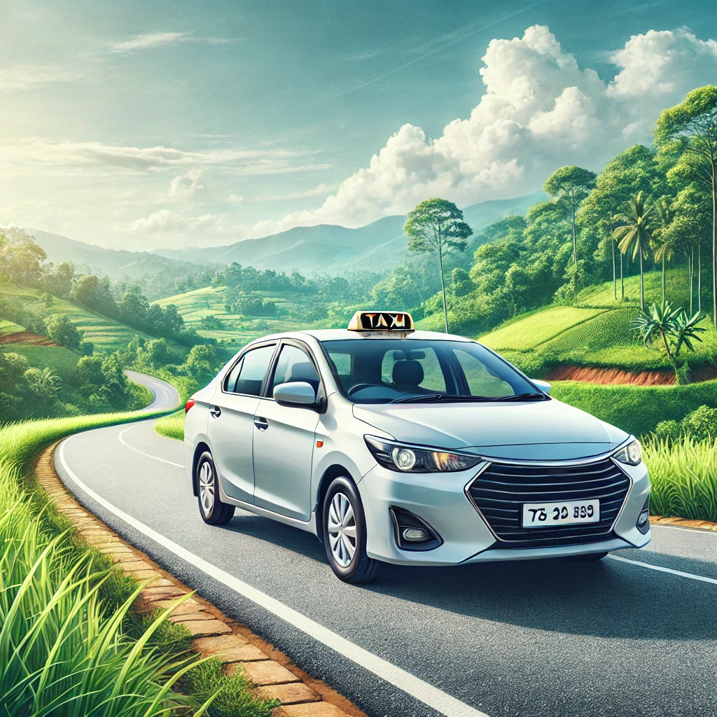 "Comfortable taxi cab driving through scenic greenery from Negombo to Kurunegala in Sri Lanka."