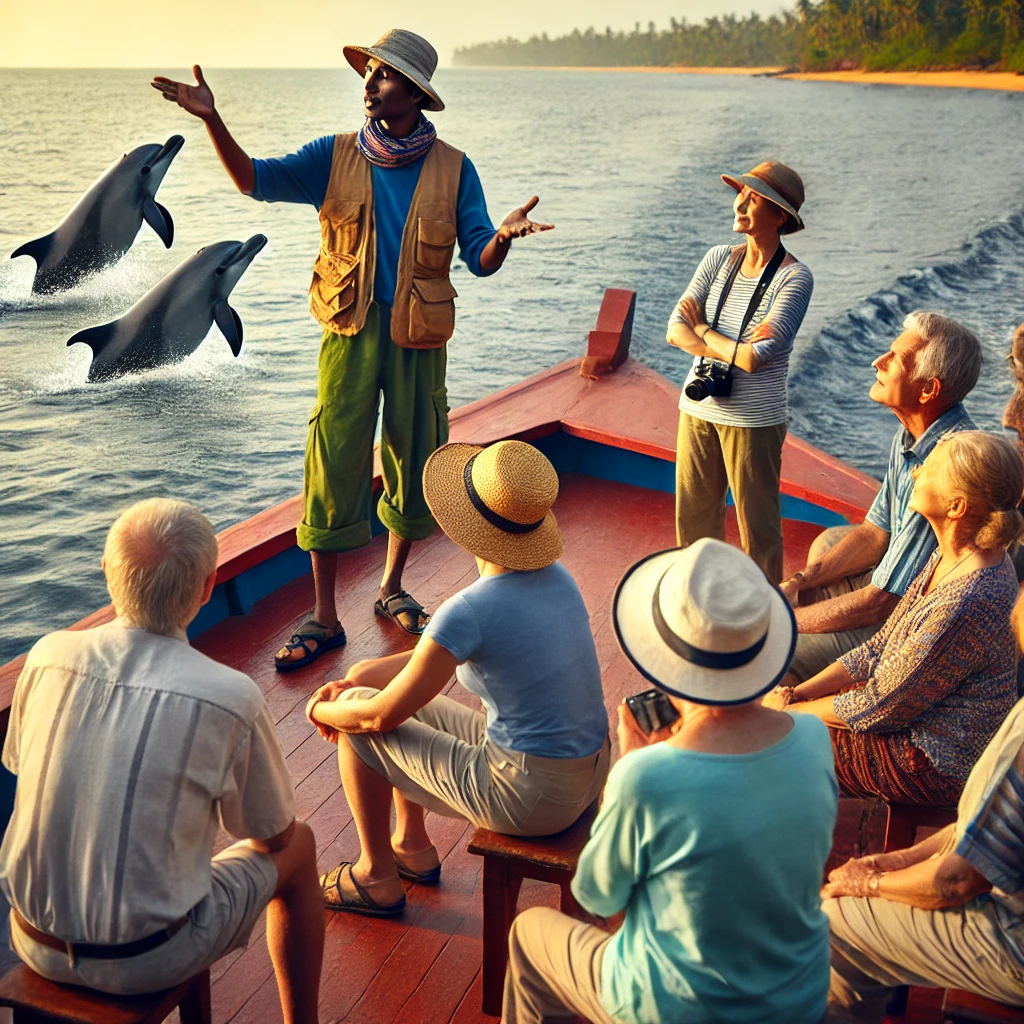 A tour guide explaining dolphin behavior to tourists during a dolphin watching trip in Kalpitiya.
