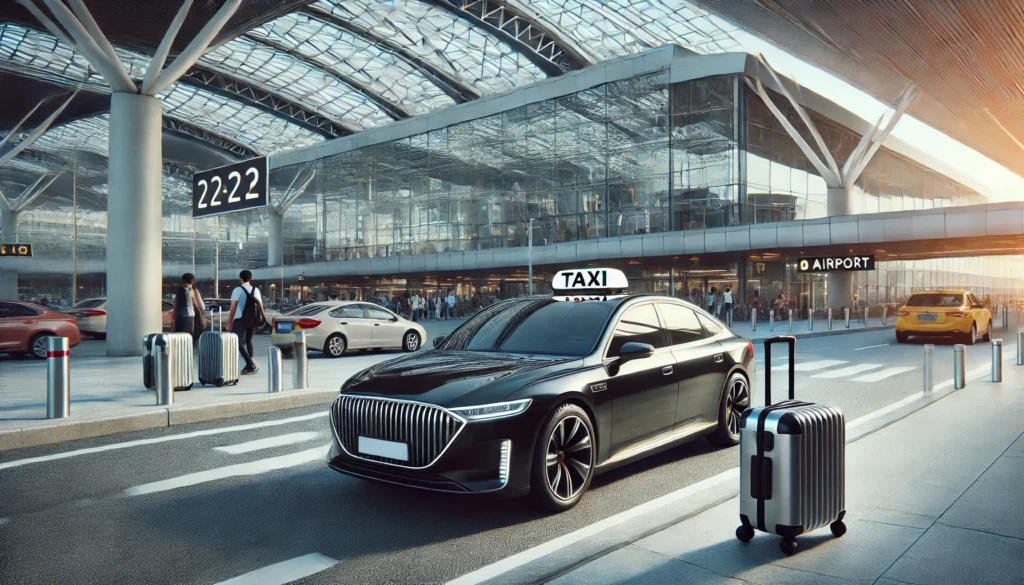 "Sleek black airport taxi waiting at the terminal with travelers and modern airport architecture in the background."
