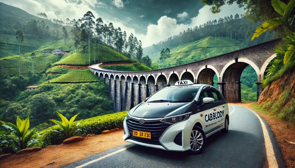 CabBuddy.lk taxi near the Nine Arch Bridge in Ella, Sri Lanka, surrounded by dense greenery and tea plantations, with the iconic stone bridge in the background.