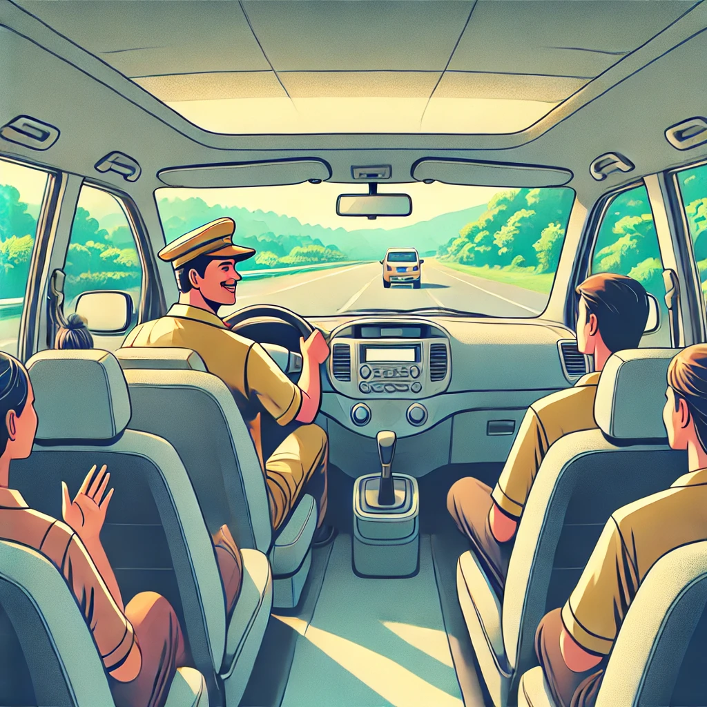 "Spacious, comfortable taxi with professional driver on the road from Negombo to Kurunegala, Sri Lanka."