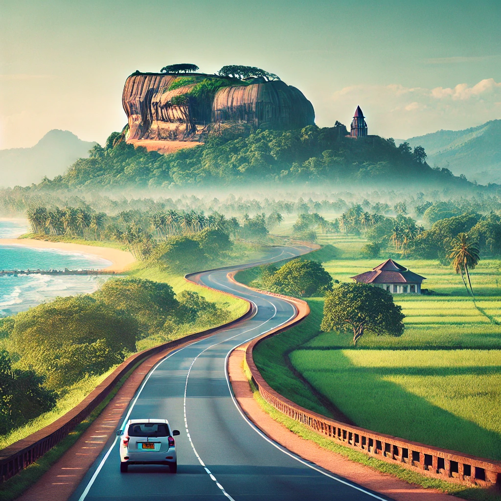 "Taxi on a scenic road from Sigiriya to Trincomalee, surrounded by lush greenery and hills."