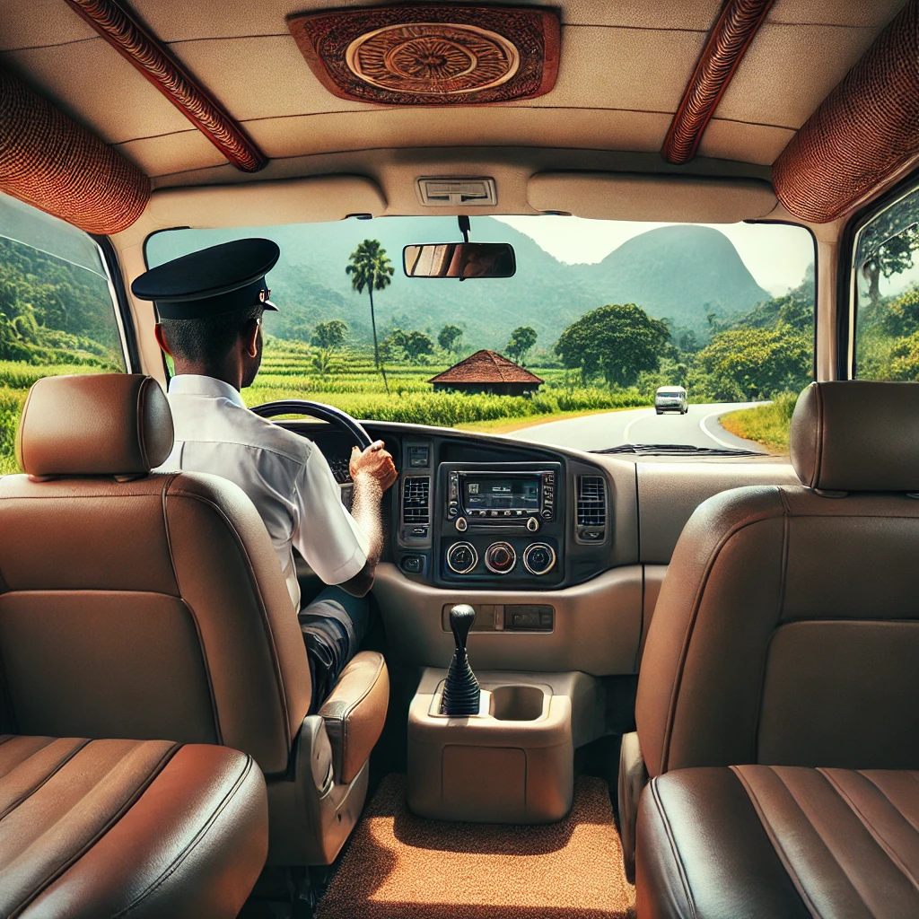 Comfortable taxi interior with air conditioning and plush seats, driving from Negombo to Kandy with scenic green hills in the background.