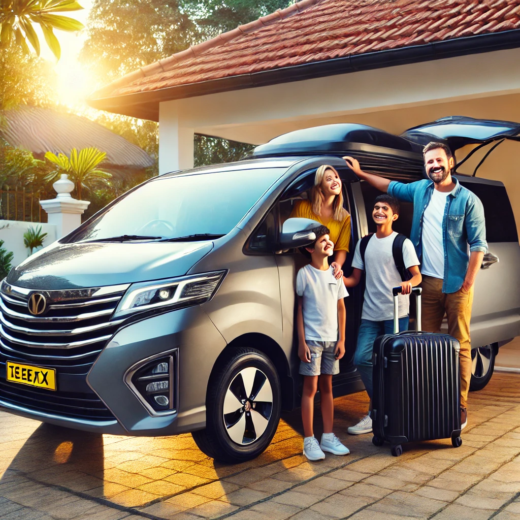 "Family boarding a spacious taxi in Negombo for a comfortable trip to Kurunegala, Sri Lanka."