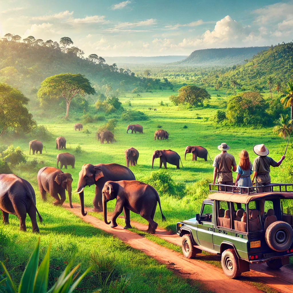 "Exciting Sigiriya elephant safari showcasing elephants in their natural habitat with lush greenery and wildlife."