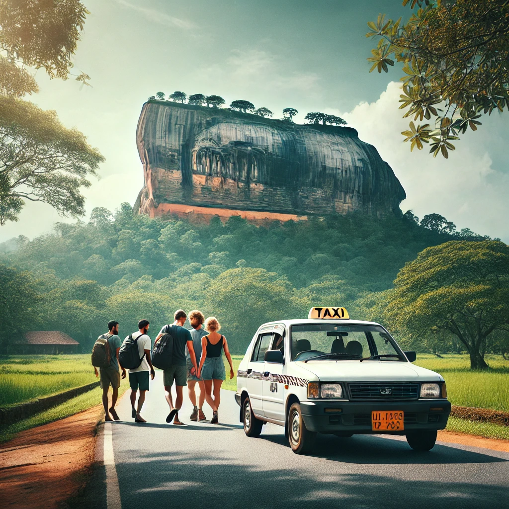 "Travelers stepping out of a taxi cab at Sigiriya Rock Fortress, marking the end of a scenic Colombo to Sigiriya trip."