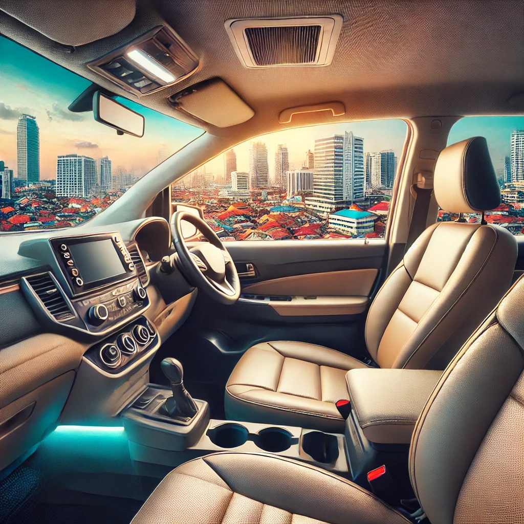 "Spacious, air-conditioned taxi interior offering a comfortable ride from Negombo to Colombo."