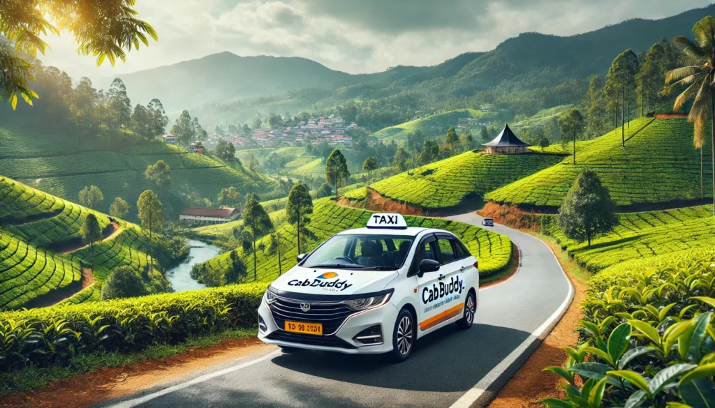 CabBuddy.lk taxi driving through scenic green hills in Ella, Sri Lanka.