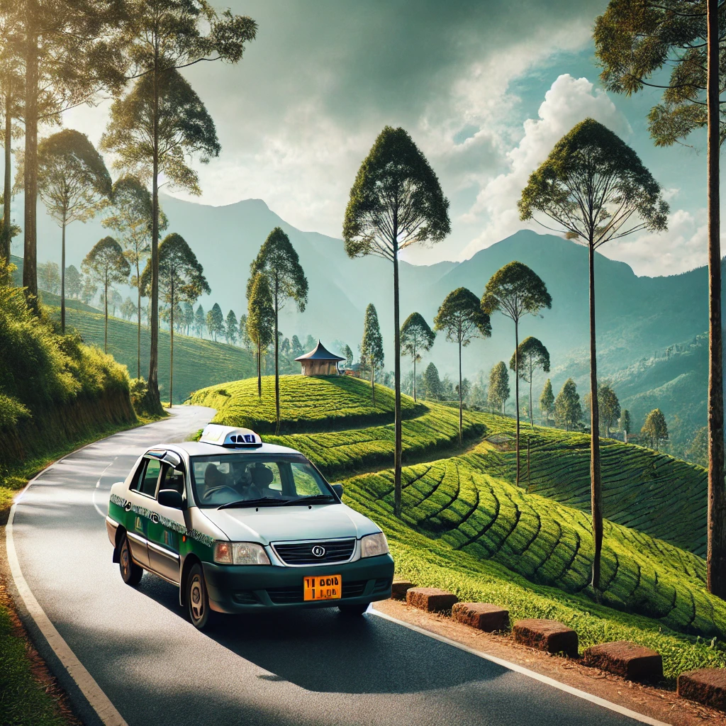 "Taxi driving through the scenic hills of Nuwara Eliya, surrounded by lush greenery, tea estates, and a peaceful countryside road."
